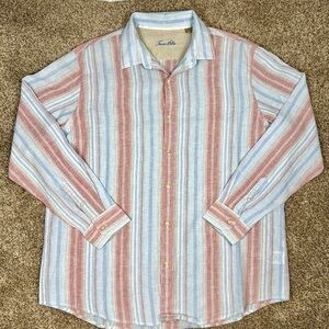 Tasso Elba Linen Blend Shirt Long Sleeves Button Up Pastel Stripes Size XL